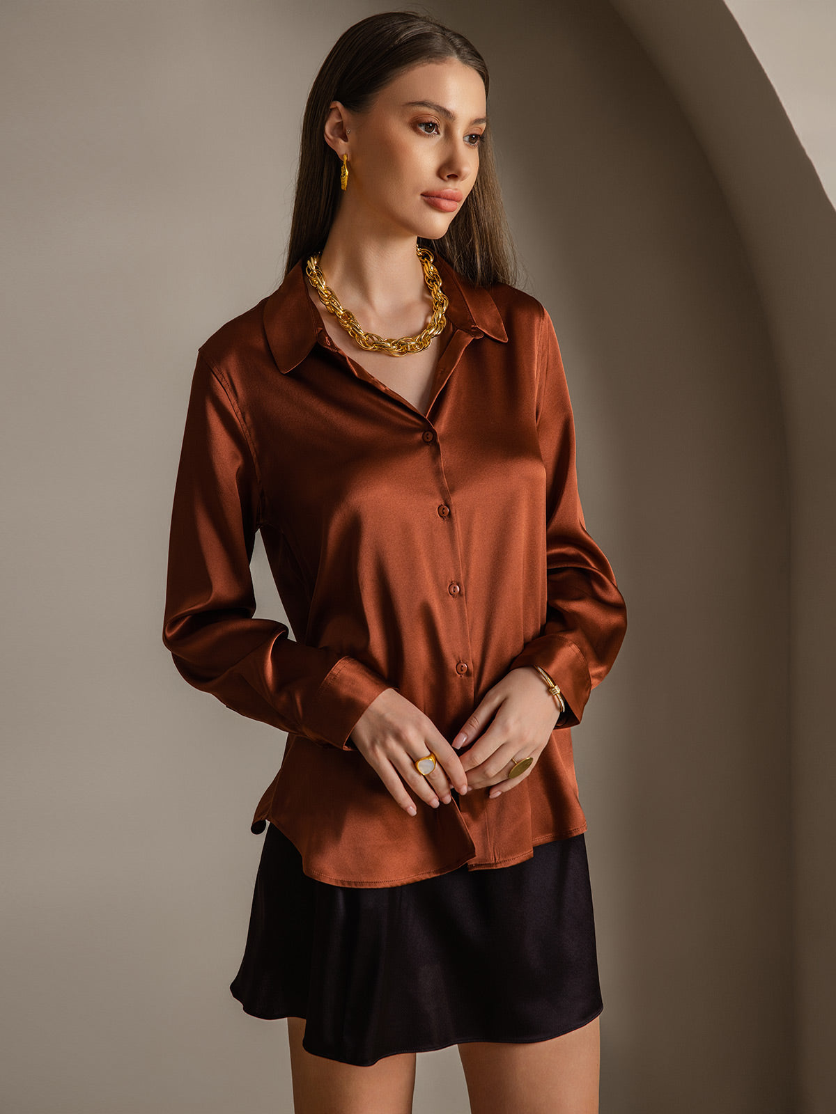 [Karamell] SilkSilky-DE Seide Umlegekragen Damenhemd 004