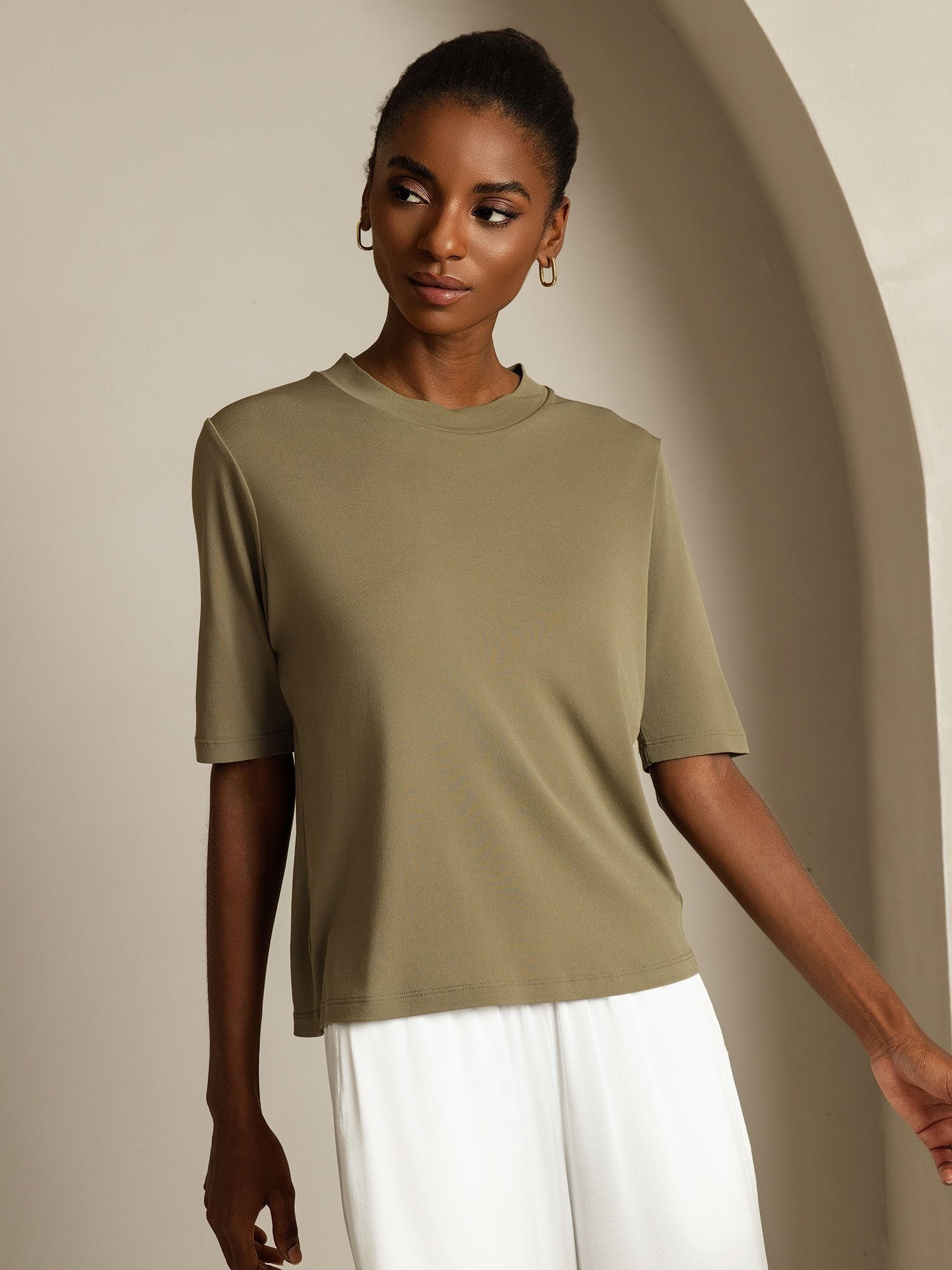 [Verbranntes Oliv] SilkSilky-DE Reine Seide Womens T-Shirt 007