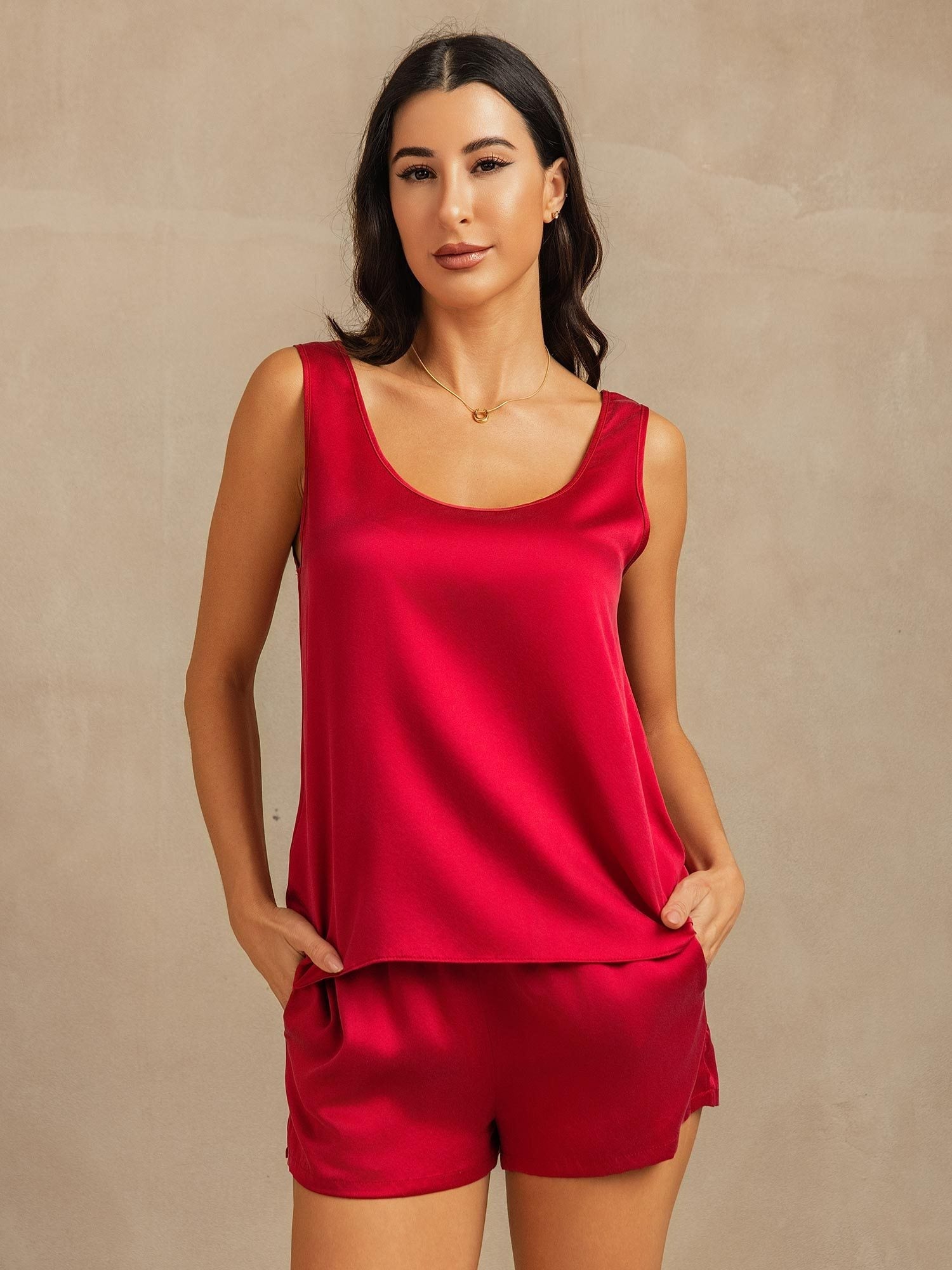 [Rotwein] SilkSilky-DE 19Momme Seide U Ausschnitt Damen Pyjamas 001