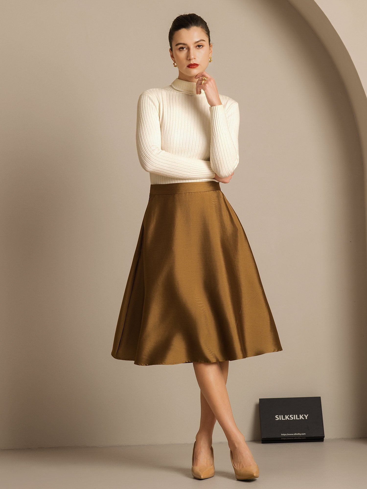 [Bronze] SilkSilky-DE 32Momme Silk-Wool Blend Skirt 006,