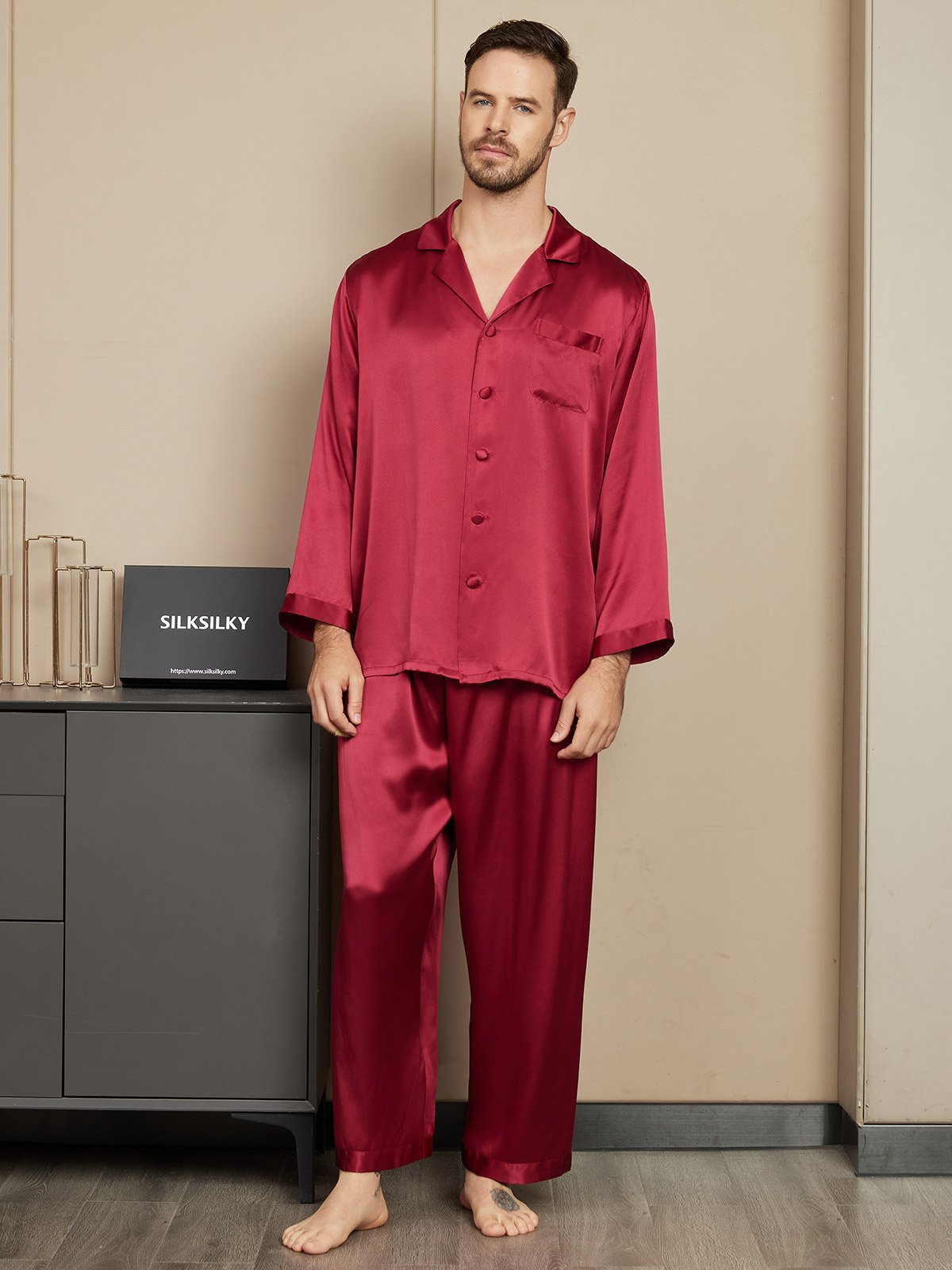 [Rotwein] SilkSilky-DE Reine Seide Mens Pajamas 001
