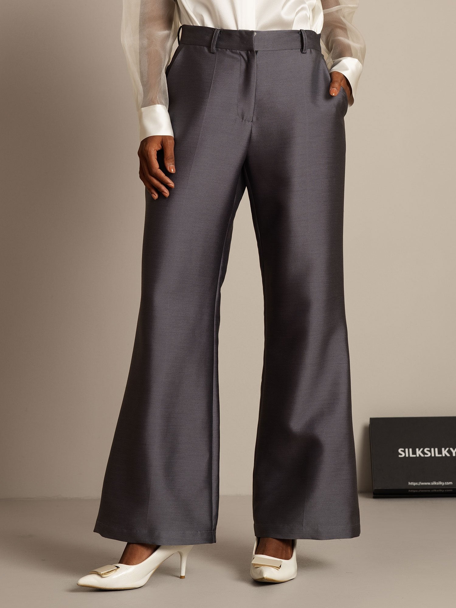 [Grau] SilkSilky-DE 32Momme Silk-Wool Blend Womens Pants 001,