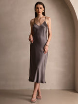 [Dunkelkhaki] SilkSilky-DE Sleeveless V Neck Kleider 003