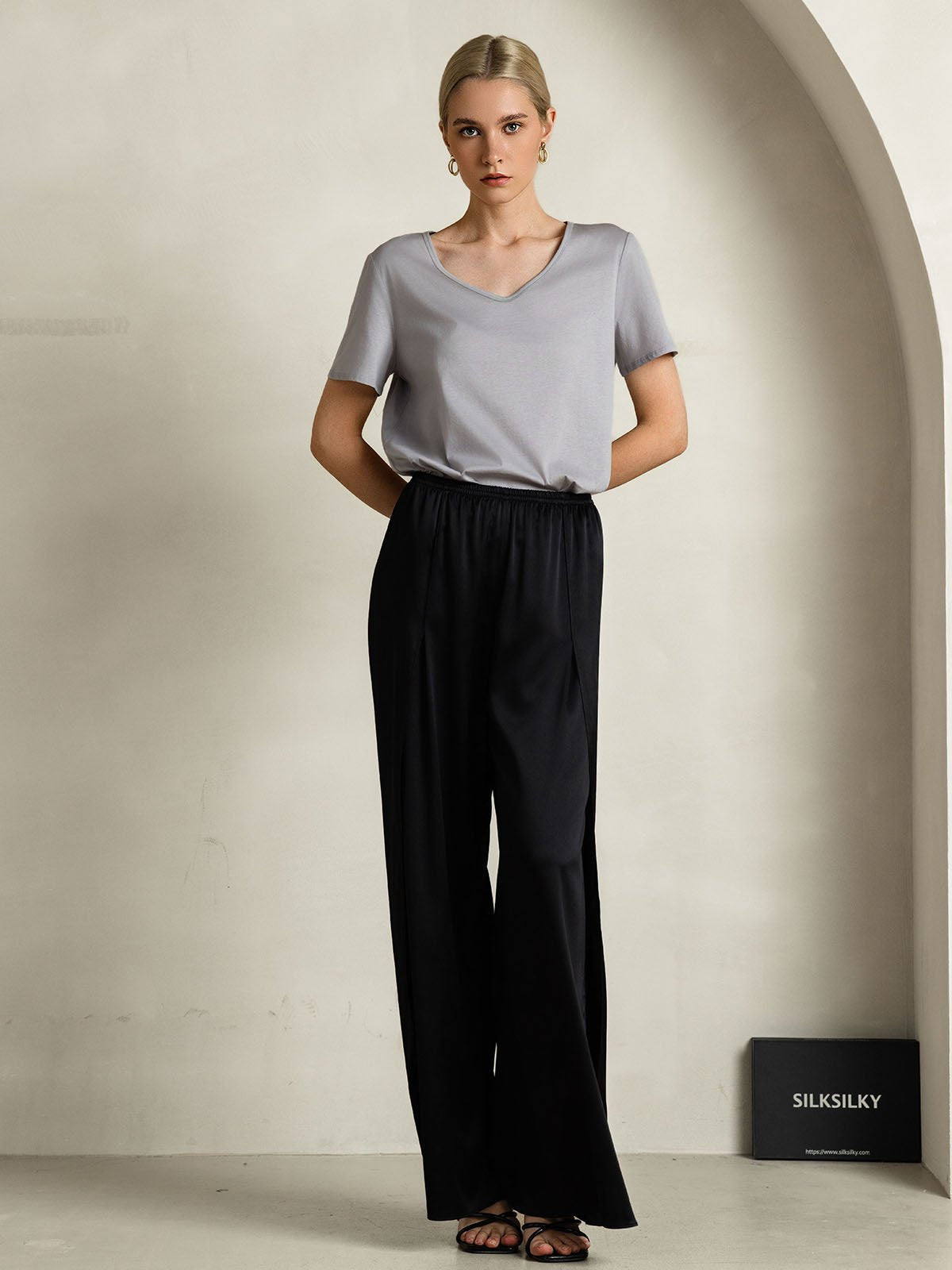 [Grau] SilkSilky-DE Seide Kurzärmelig V Ausschnitt T-Shirt 007