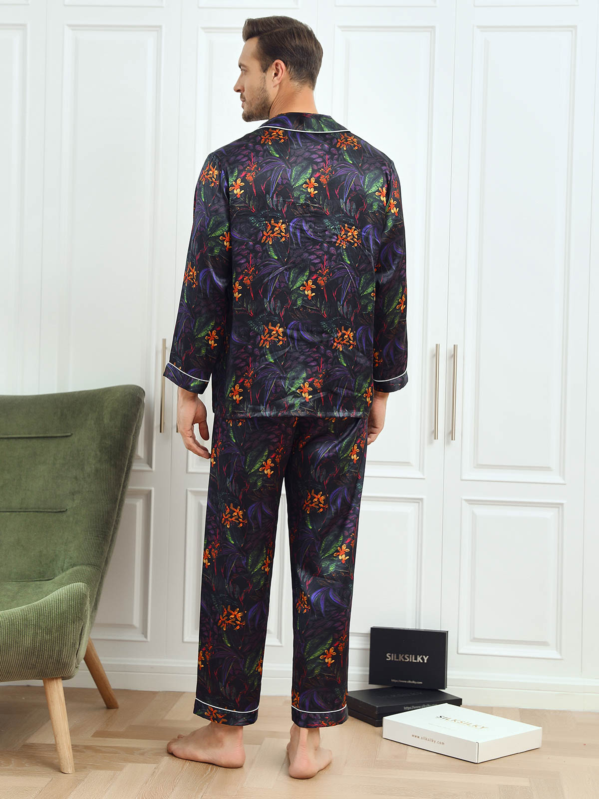 SilkSilky DE Reine Seide Langärmelig Revers Herren Pyjamas Multi 002