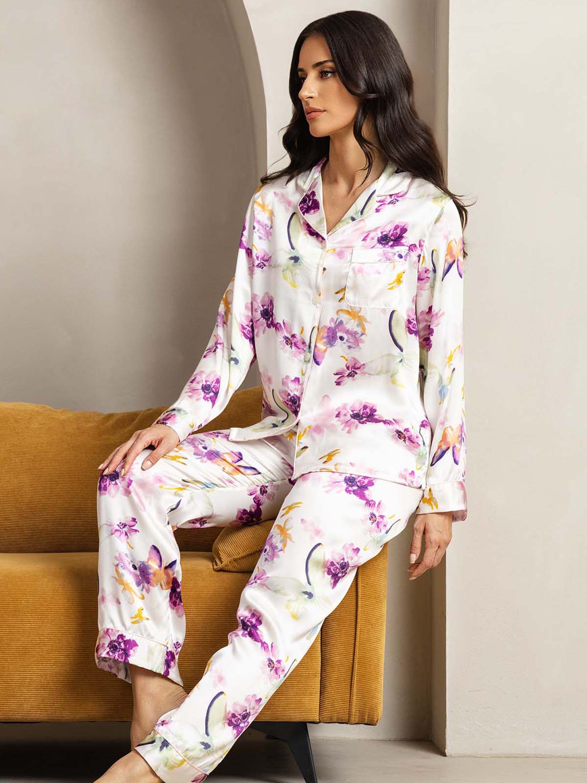 [Aquarellblumen] SilkSilky-DE Reine Seide Womens Pajamas 005