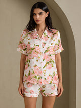 [Weiße Pfingstrose] SilkSilky-DE Short Sleeve Notch Collar Damen Pyjamas 004