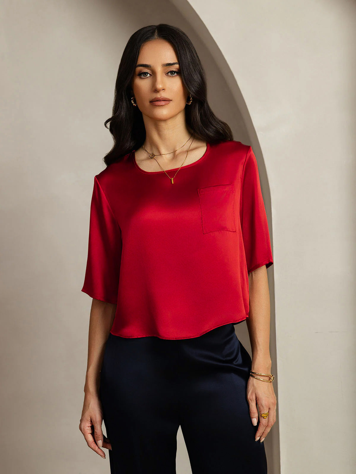[Dunkelrot] SilkSilky-DE Reine Seide Womens T-Shirt 003