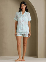 [Himmelblau Blumen] SilkSilky-DE Short Sleeve Notch Collar Damen Pyjamas 007