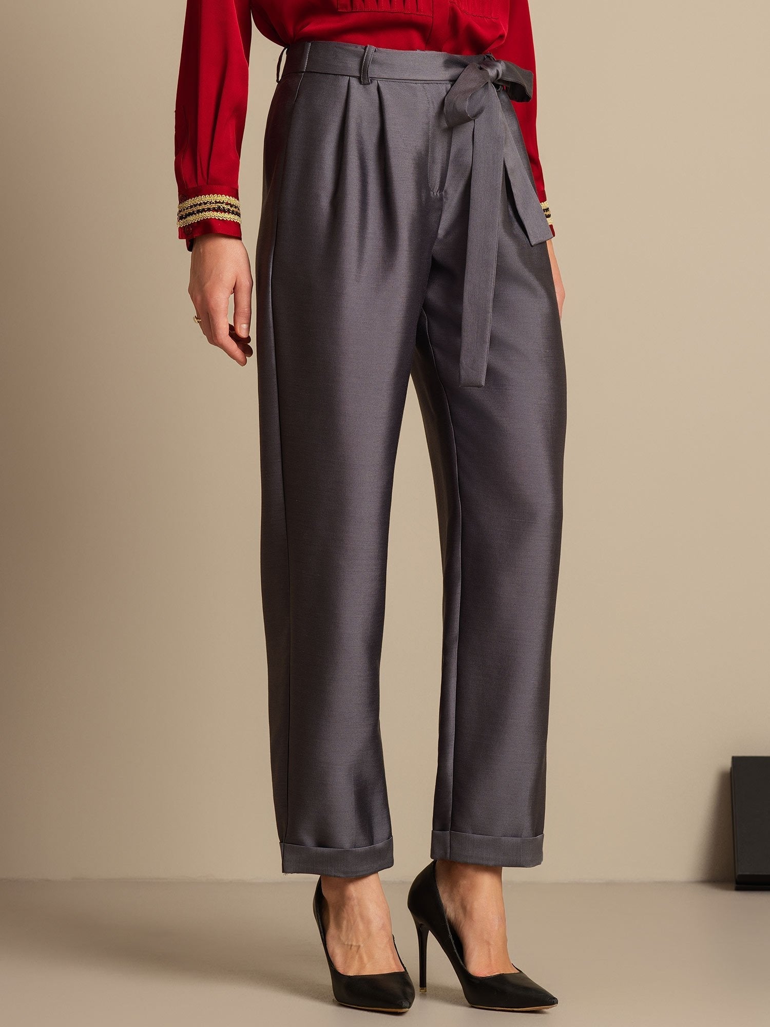 [Grau] SilkSilky-DE 32Momme Silk-Wool Blend Womens Pants 003,