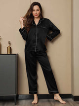 [Schwarz] SilkSilky-DE Long Sleeve Notch-Kragen Damen Pyjamas 003
