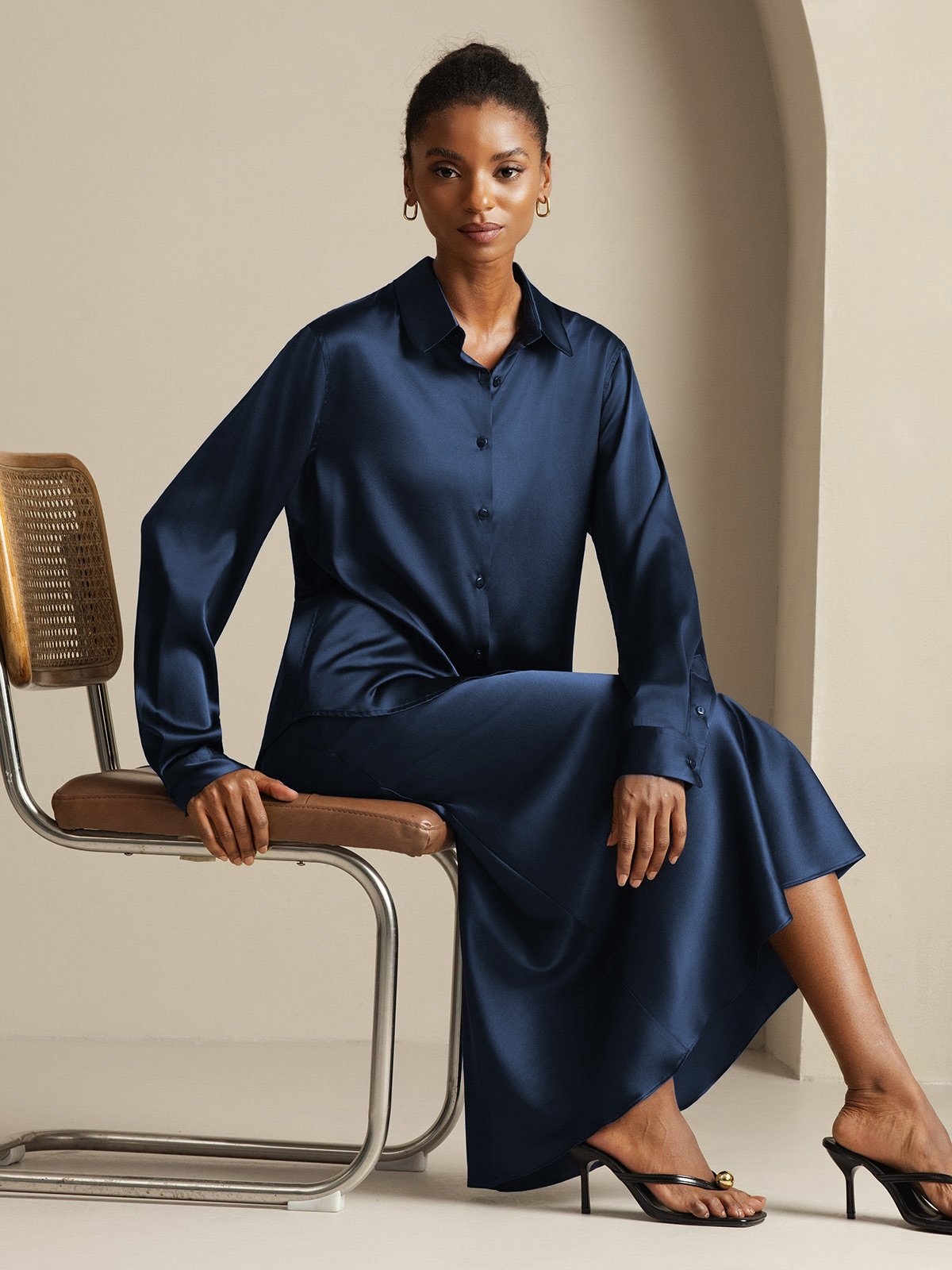 [Dunkelblau] SilkSilky-DE 19Momme Seidenstrick Umlegekragen Women''s Outfit Sets 001,