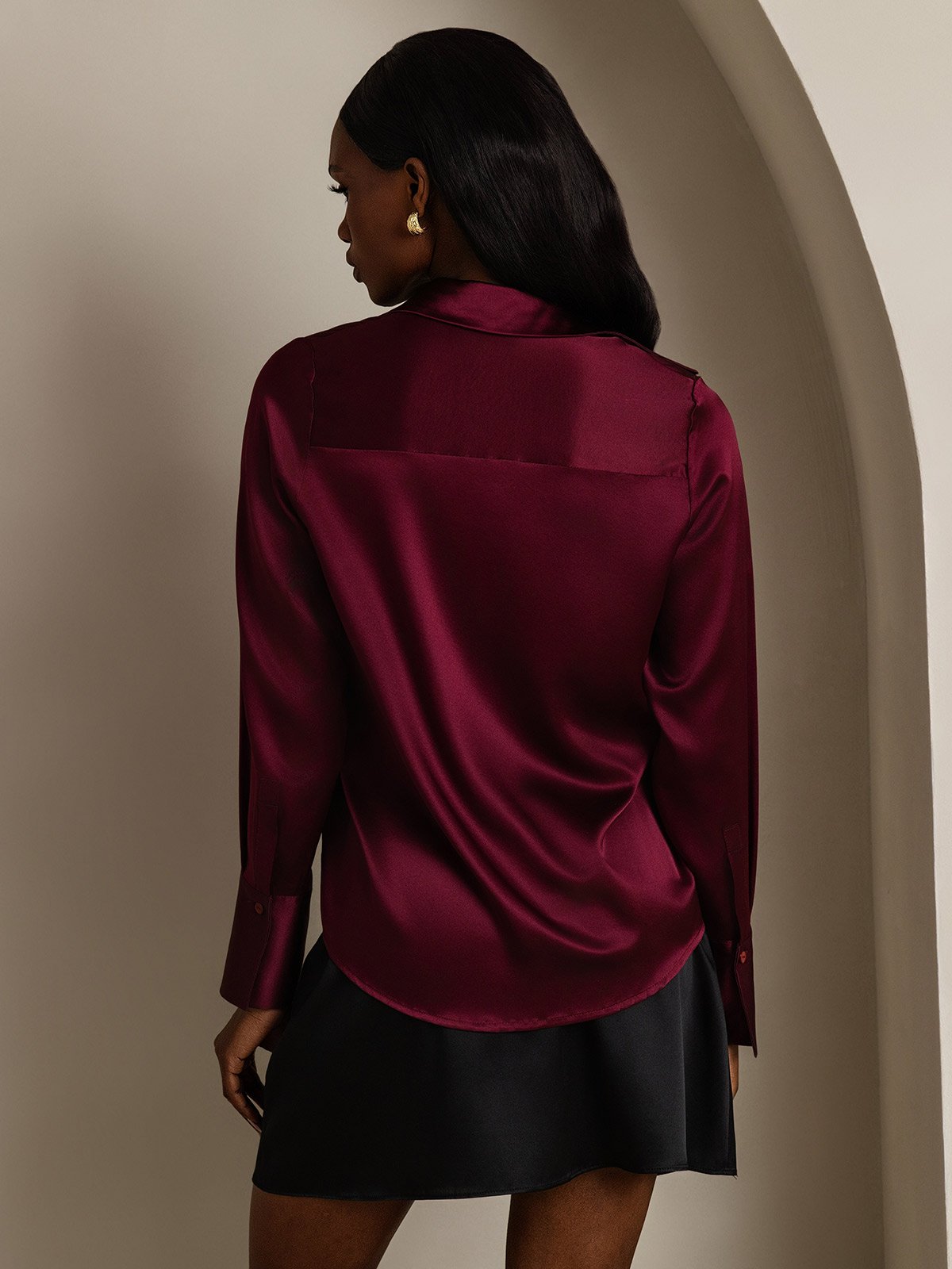 SilkSilky-DE 19Momme Seide Langärmelig Umlegekragen Damenhemd Dunkelrot 002