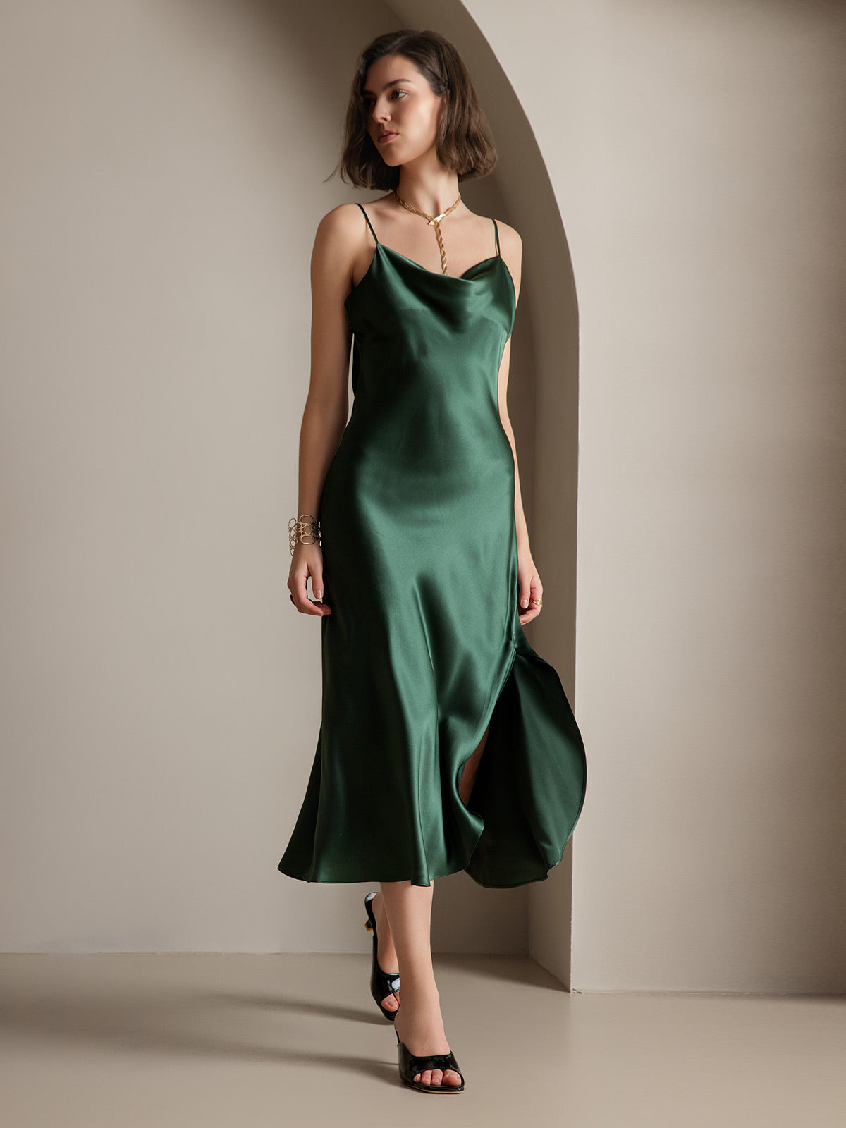 [Dunkelgrün] SilkSilky-DE 19Momme Reine Seide Dress 001