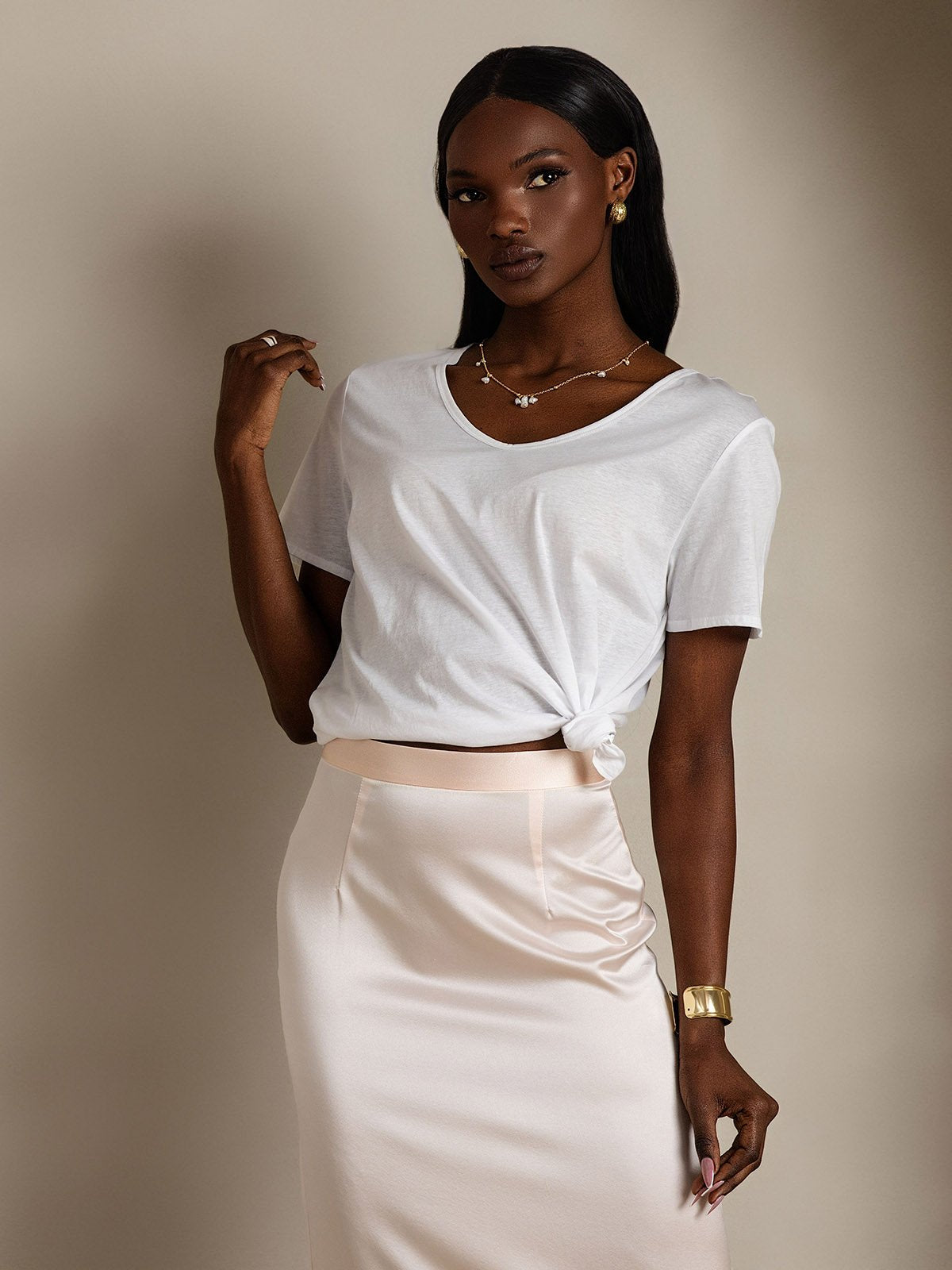 [Weiß] SilkSilky-DE Seide Kurzärmelig V Ausschnitt T-Shirt 004