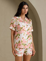 [Weiße Pfingstrose] SilkSilky-DE Short Sleeve Notch Collar Damen Pyjamas 003