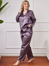 [Lilagrau] SilkSilky-DE Langärmelig Damen Pyjamas Große Größen 006
