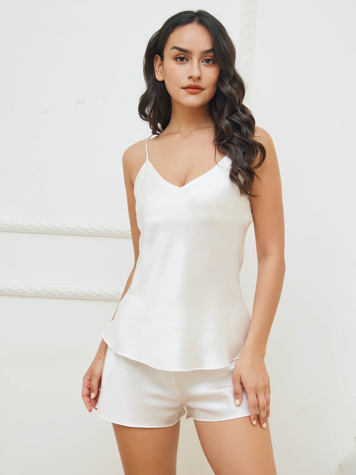 [Weiß] SilkSilky-DE Reine Seide V Ausschnitt Camisole-Set 003