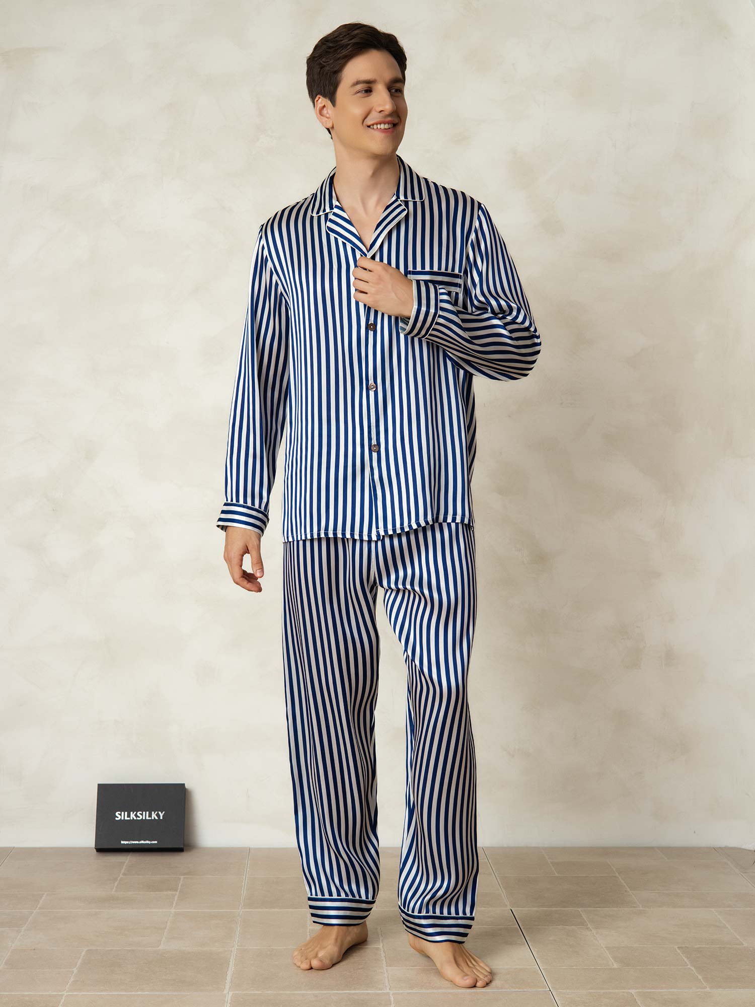 [Marine Streifen] SilkSilky-DE 19Momme Reine Seide Mens Pajamas 007