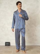 [Marine Streifen] SilkSilky-DE 19Momme Reine Seide Mens Pajamas 007,
