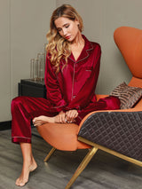[Rotwein] SilkSilky-DE Long Sleeve Notch-Kragen Damen Pyjamas 008