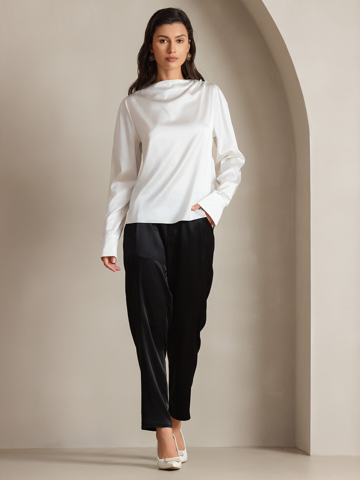 [Weiß] SilkSilky-DE 19Momme Seide Womens Shirt 007