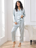 SilkSilky-DE Reine Seide Langärmelig Revers Damen Pyjamas Hellblau 004