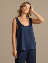 [Dunkelblau] SilkSilky-DE 19Momme Ärmellos Tiefer Rundhalsausschnitt Damen Pyjamas 008
