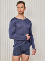 [Dunkelblau] SilkSilky-DE Long Sleeve Round Neck Herren T-Shirt 003