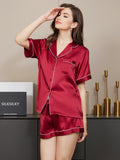 SilkSilky-DE Reine Seide Kurzärmelig Revers Damen Pyjamas Rotwein 004