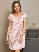 [Hellrosa] SilkSilky-DE Kappenärmel Eckiger Ausschnitt Nachthemden 005