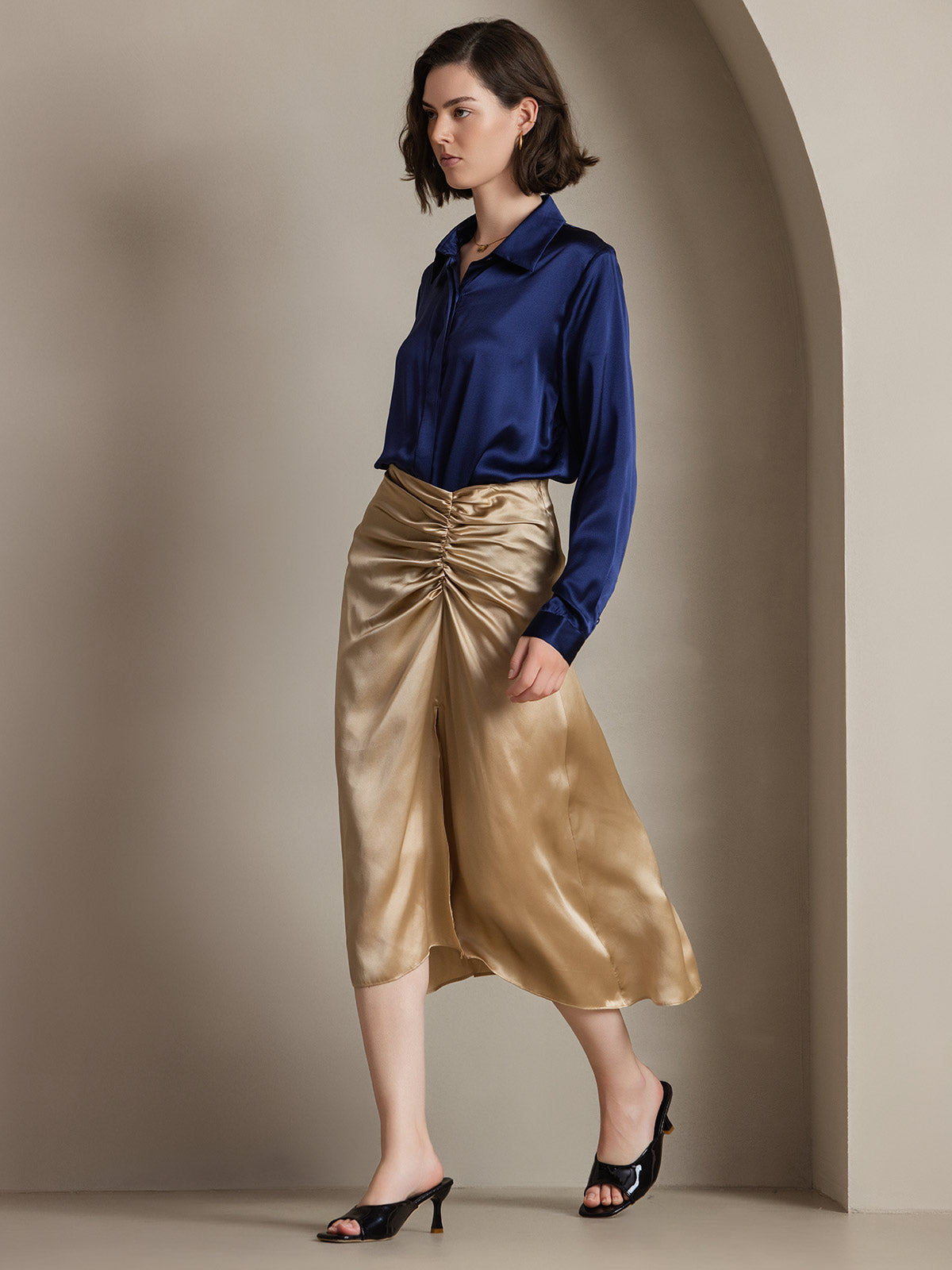 [Dunkelblau] SilkSilky-DE 19Momme Seide Lapel Collar Damenhemd 005