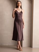 [Kaffee] SilkSilky-DE Sleeveless V Neck Kleider 005