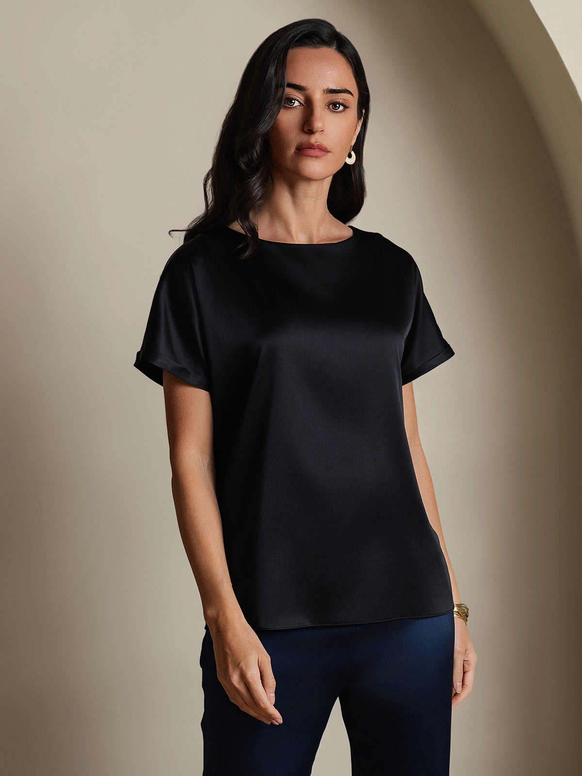 [Schwarz] SilkSilky-DE 19Momme Seide Womens T-Shirt 001