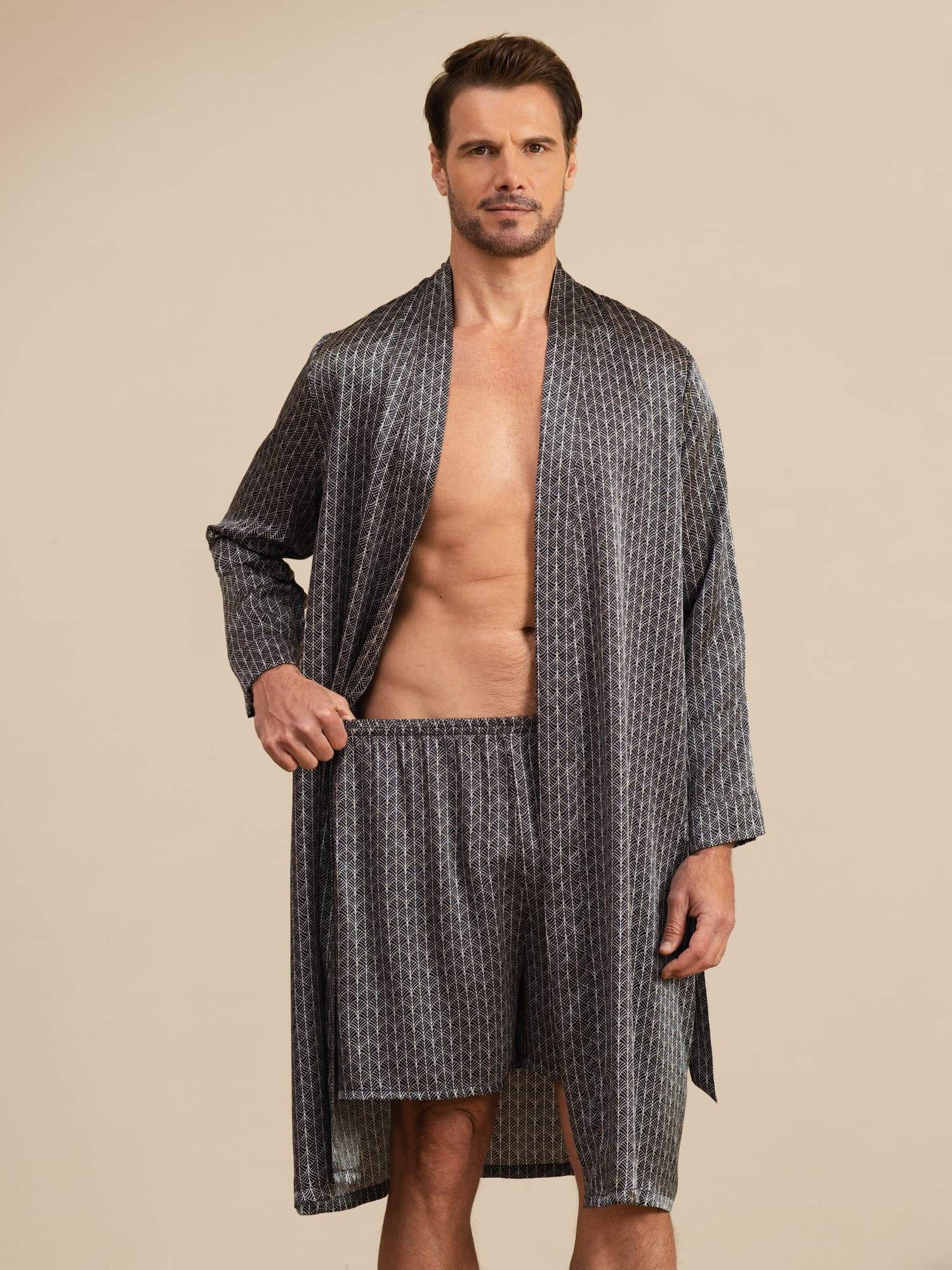 [Schwarzer Ginkgo] SilkSilky-DE Long Sleeve Herren Pyjamas 001