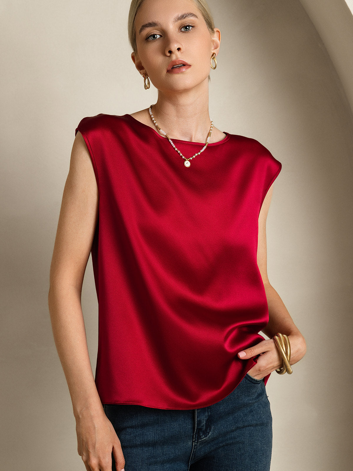[Rotwein] SilkSilky-DE 19Momme Seide Womens T-Shirt 003