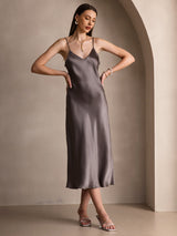 [Dunkelkhaki] SilkSilky-DE Sleeveless V Neck Kleider 001