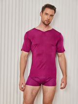 [Dunkelrot] SilkSilky-DE Kurzärmelig V Ausschnitt Herren T-Shirt 004