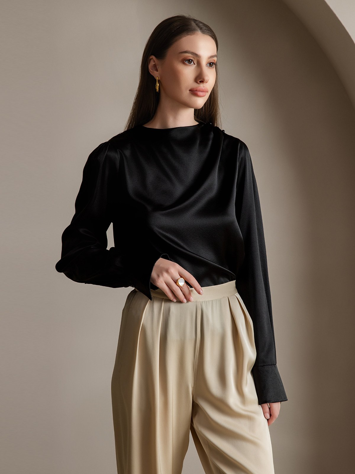 [Schwarz] SilkSilky-DE 19Momme Seide Womens Shirt 005
