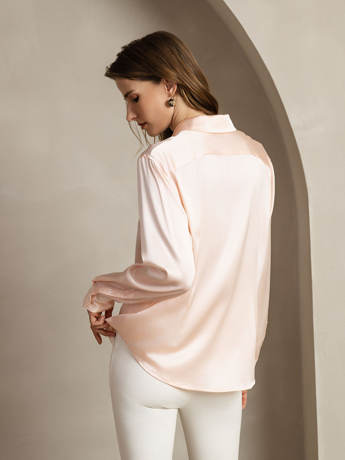 [Hellrosa] SilkSilky-DE Seide Umlegekragen Damenhemd 002