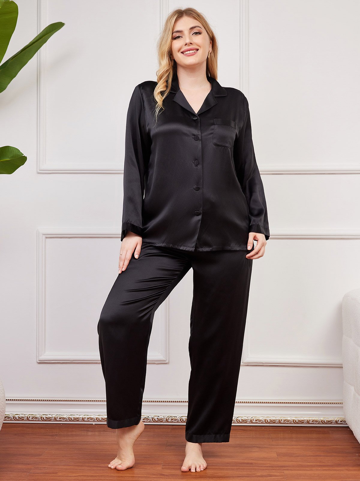 [Schwarz] SilkSilky-DE Reine Seide Langärmelig Revers Damen Pyjamas Große Größen 003