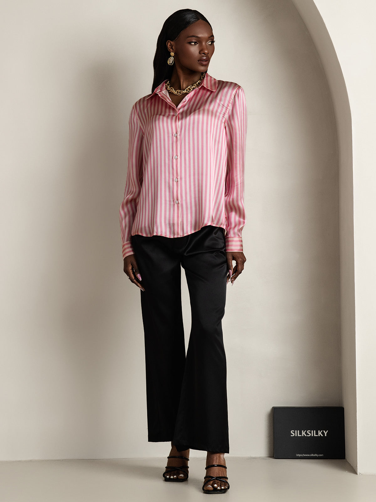 [Rosa] SilkSilky-DE Seide Umlegekragen Damenhemd 008
