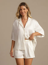 [Weiß] SilkSilky-DE 19Momme Halblange Ärmel Notch-Kragen Damen Pyjamas 007