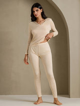 [Beige] SilkSilky-DE Long Sleeve V Neck Damen Lange Unterwäsche 006