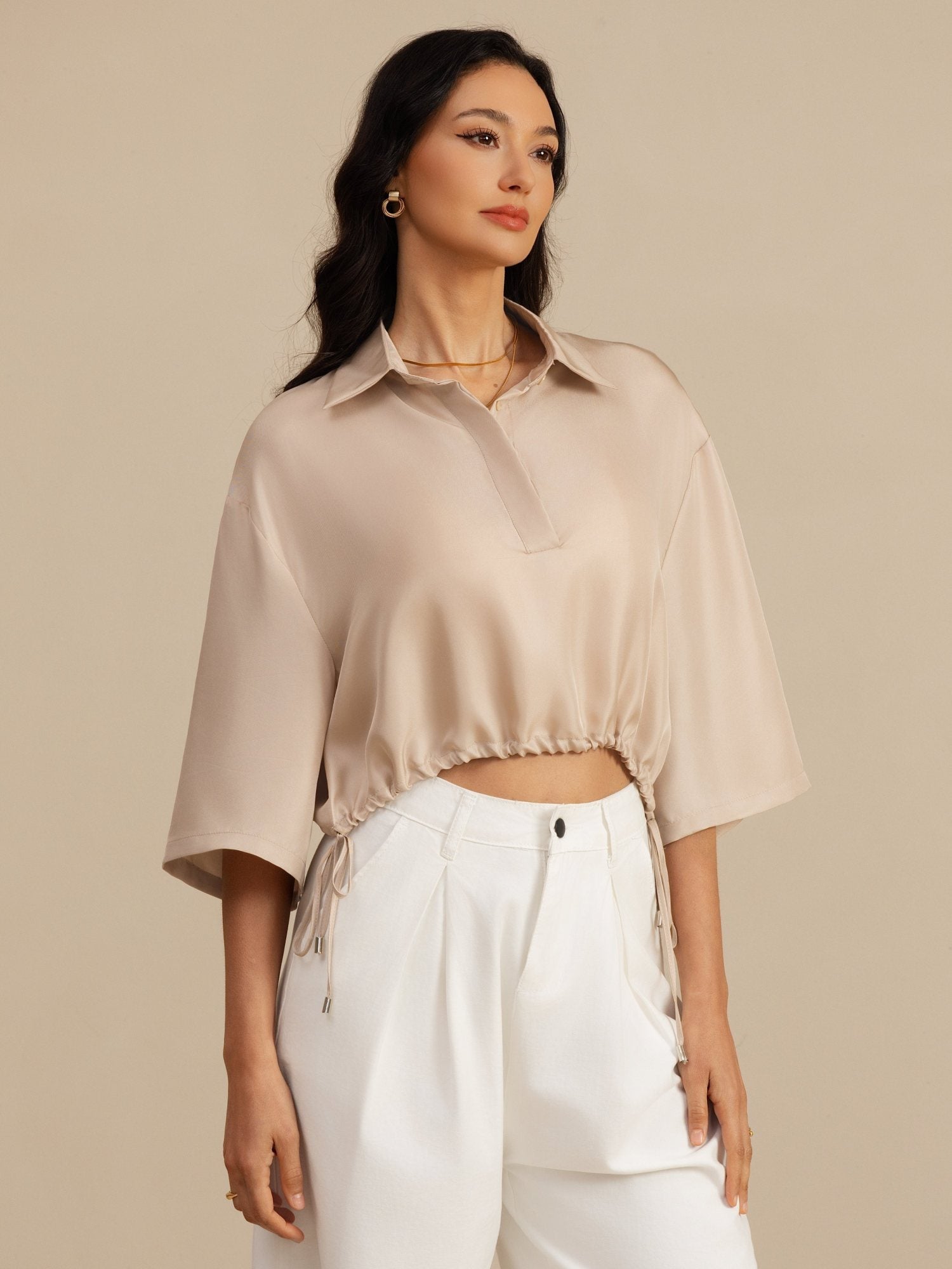 [Tan] SilkSilky-DE 18Momme Halblange Ärmel Lapelkragen Bluse 001