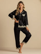 [Schwarz] SilkSilky-DE Langärmelig Damen Pyjamas 005