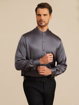 [Dunkelgrau] SilkSilky-DE Long Sleeve Stand Collar Herrenhemd 003