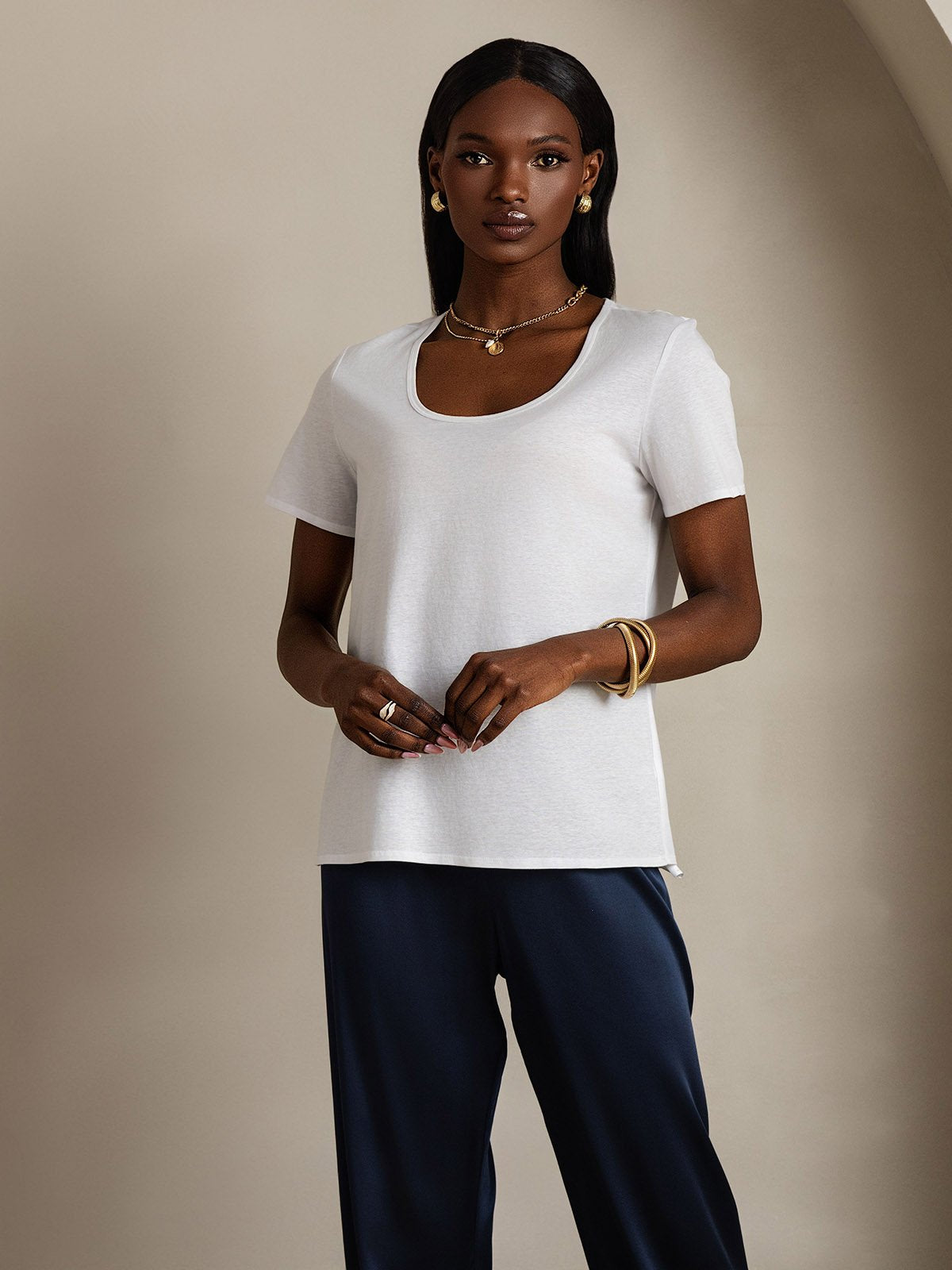 [Weiß] SilkSilky-DE Seide Kurzärmelig U Ausschnitt T-Shirt 004