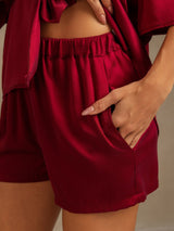 [Rotwein] SilkSilky-DE 19Momme Halblange Ärmel Notch-Kragen Damen Pyjamas 005