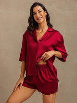 [Rotwein] SilkSilky-DE 19Momme Halblange Ärmel Notch-Kragen Damen Pyjamas 006